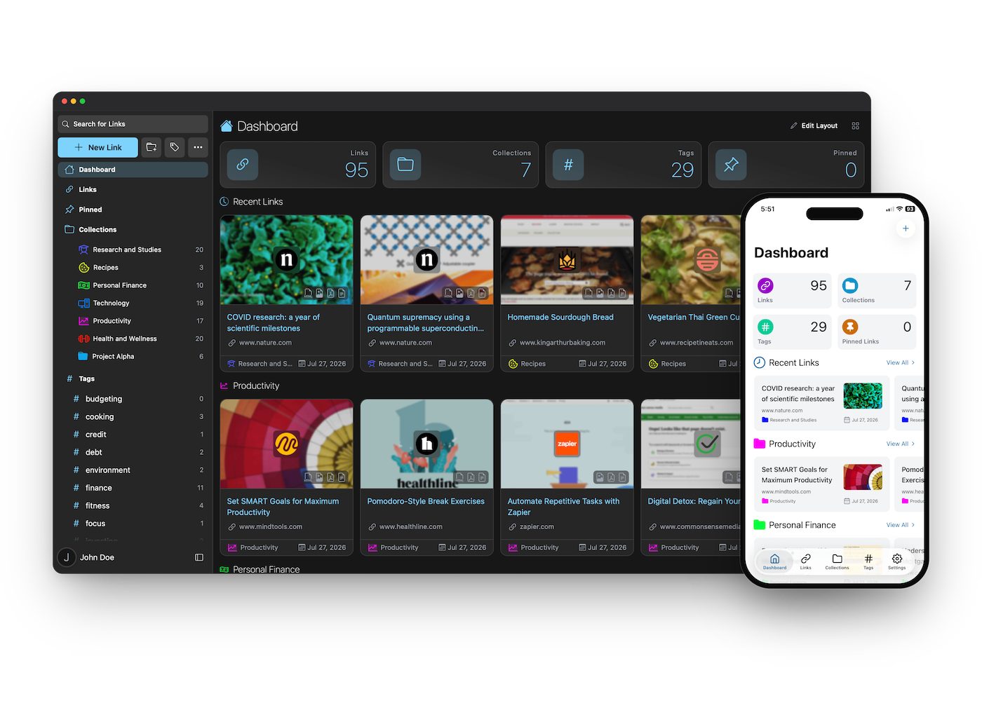The Linkwarden dashboard shown side by side on web and mobile
